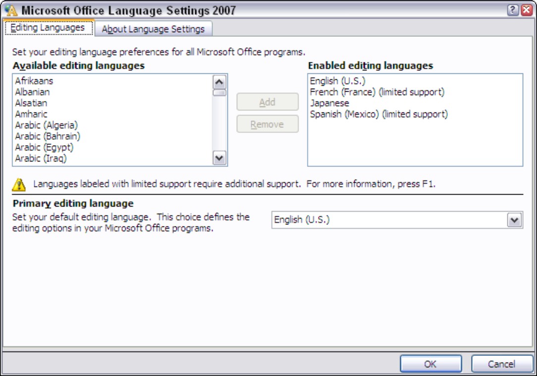 Figure 4-24: Declaring which languages will appear in your Office files.